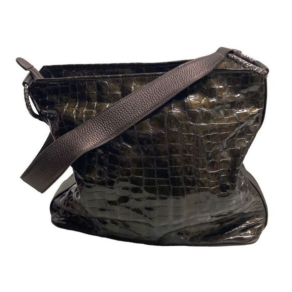 Brighton Women’s Embossed Croc Patent Shiny Leather Shoulder Bag Golden Brown - Picture 2 of 12